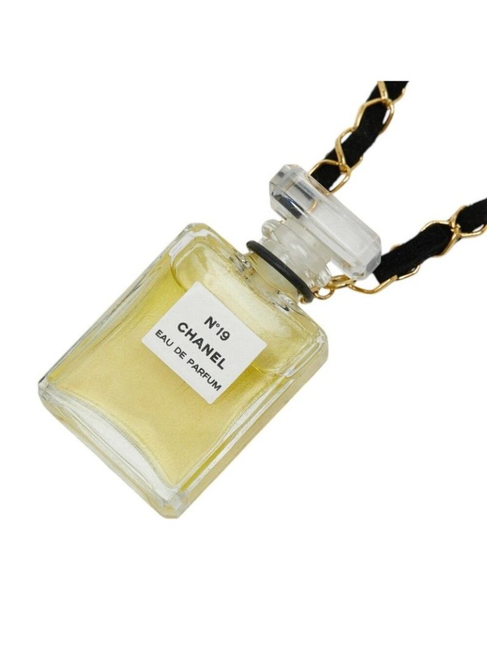 Chanel Perfume Bottle Necklace Clear Gold Black Plated Fabric 1